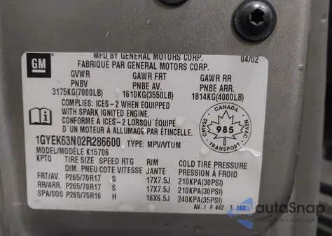 2002 Cadillac Escalade Standard z USA, uszkodzony, nr VIN 1GYEK63N02R286600